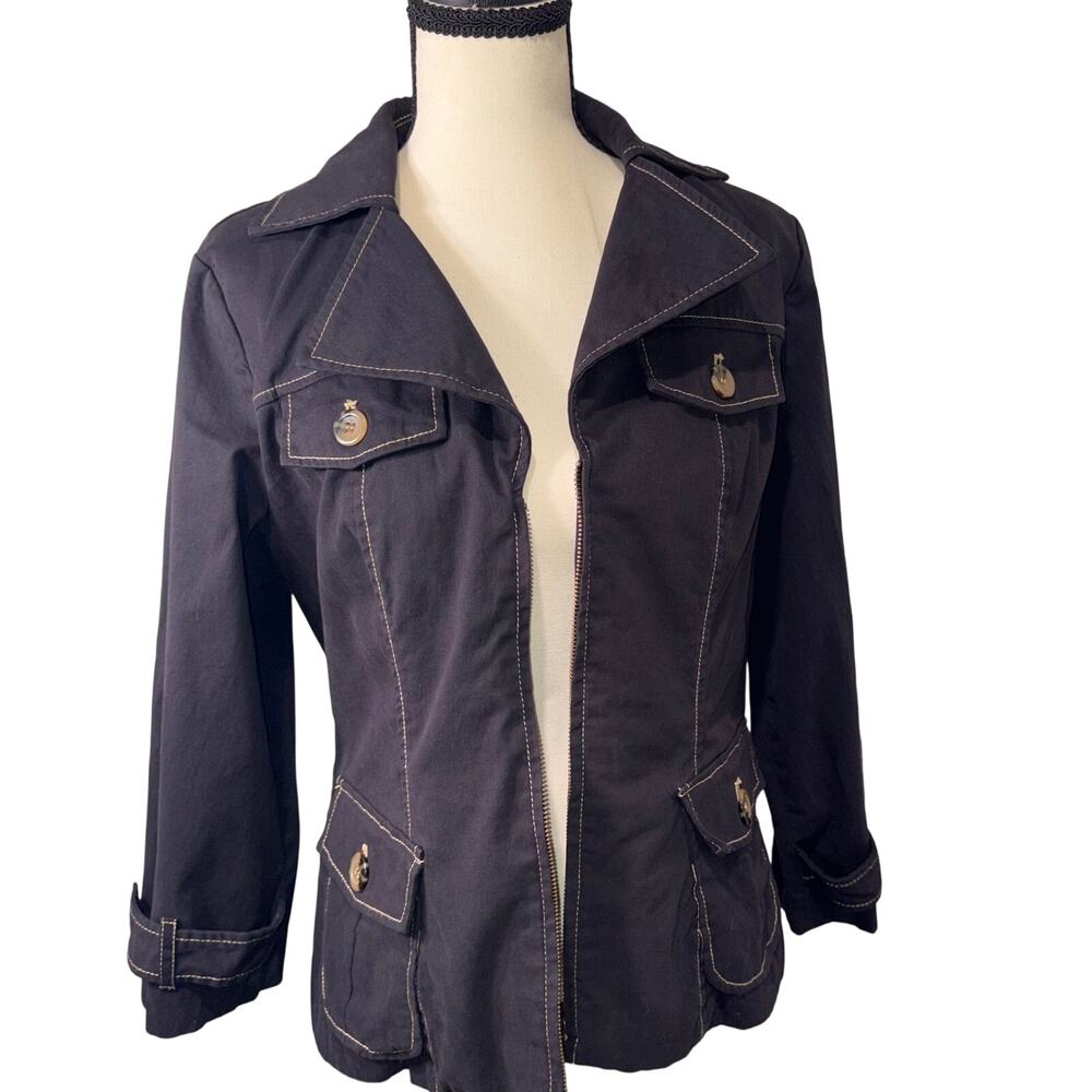 Vintage Leslie Stuart Black Canvas Utility Jacket Contrast‎ Stitch Zip Front Y2K